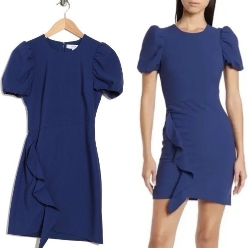 Likely Malta Ruffle Front Short Puff Sleeves Cobalt Blue Round Neck Mini Dress